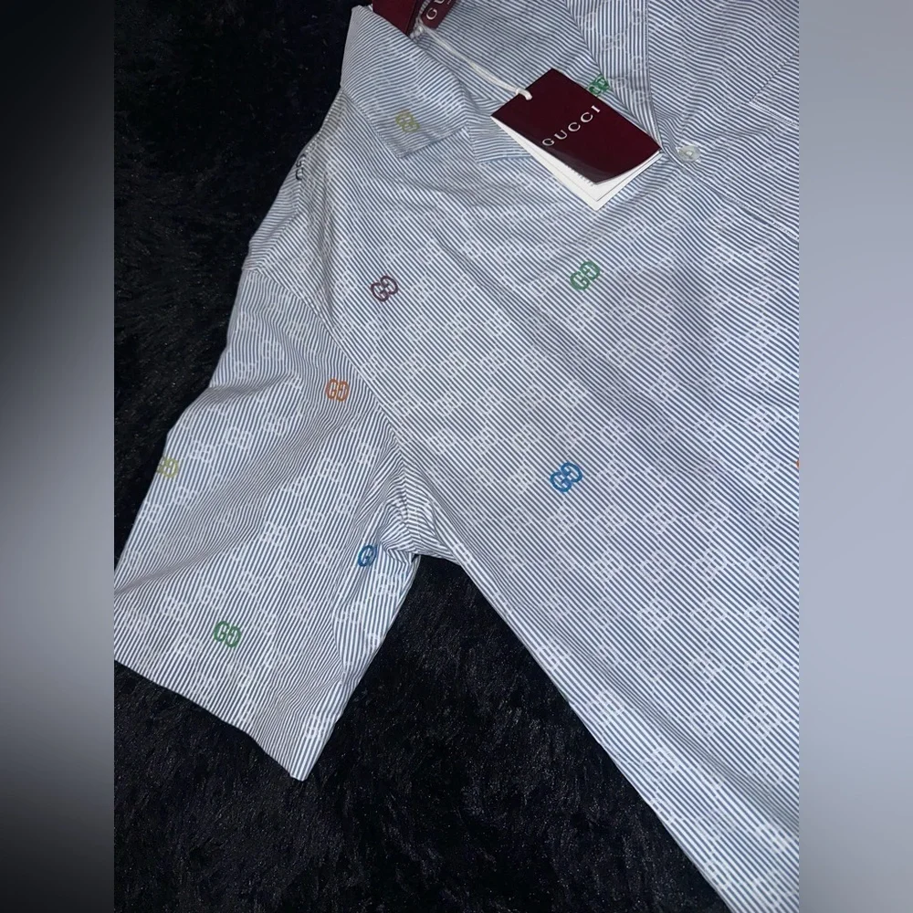 Gucci Blue Striped Short Sleeves Cotton Bowling Shirt